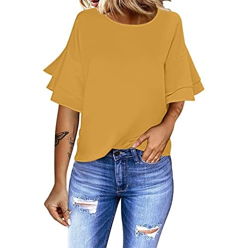 luvamia Women's Casual 3-4 Tiered Bell Sleeve Crewneck Loose Tops Blouses Shirt XX-Large A1 Golden Apricot