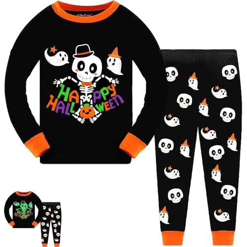 Tkria Kids Pajamas for Boys Skeleton Glow-in-The-Dark Cotton Sleepwear Toddler Clothes Halloween Outfit Size 1-7T… 5T Skeleton Dance