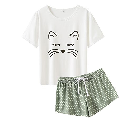 VENTELAN Pajama Set For Women Cute PJS Summer Short Sleeve Shorts Sleepwear X-Small Green