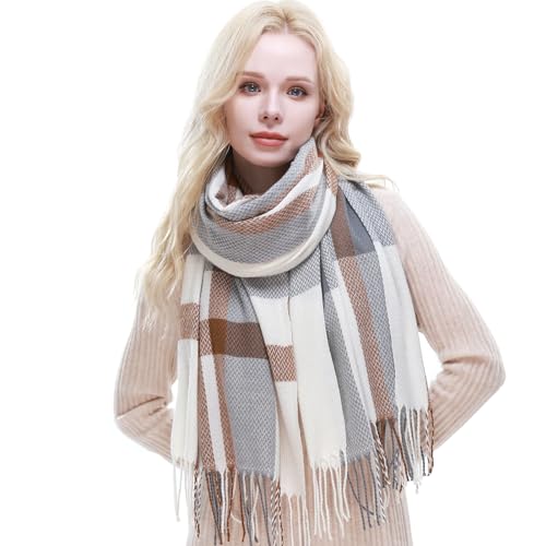 RIIQIICHY Plaid Scarf for Women Fall Winter Pashmina Scarves Wraps for Cold Weather Warm Large Ivory-Grey-Brown