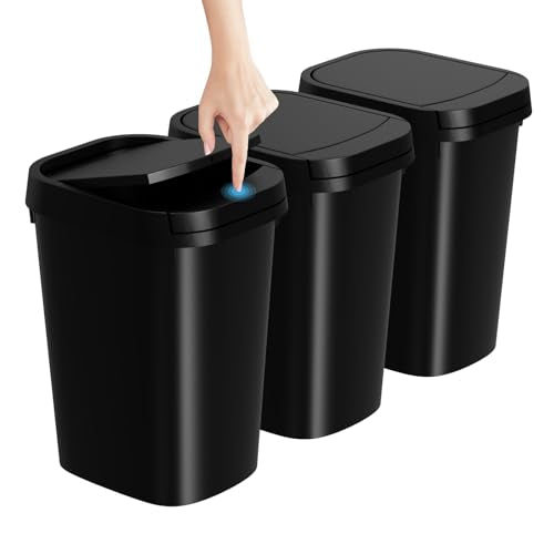 3 Pack Bathroom Small Trash Can with Lid, 2.6 Gallon Slim Garbage Bin with Pop-Up Lid, 10L Plastic Wastebasket with Press Top Lid for Bedroom, Office,