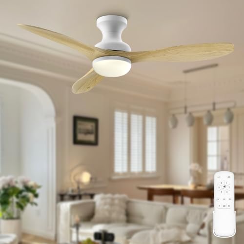52" Wood Flush Mount Ceiling Fans with Lights and Remote, Natural Wood Fandelier, Low Profile-6-speed-3 CCT-Timer-Quiet-Reversible DC Motor, for Bedro