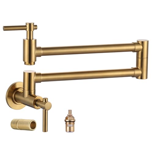 Gold Pot Filler Faucet, Wall Mount Copper Folding Faucet 2 Handle with Double Joint Swing Arms, Single Hole Brass Kitchen Faucet Over Stove Style A Go