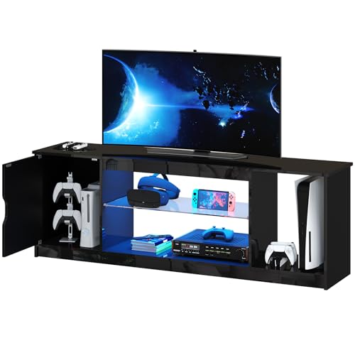 Bestier 57" Gloss Black Media Console - Gaming TV Stand for 65 Inch TV, Entertainment Center for PS5-Xbox Series X, Modern Home Theater Design, Adjust
