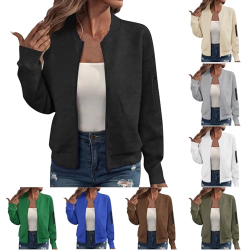 Womens Jacquard Bomber Jacket Lightweight Zip Up Knit Cardigan with Arm Pocket Autumn Fashion Sweater A02 Black Medium