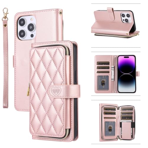 for iPhone 15 Zipper Wallet Case with Card Holder, 9 Card Slots Large Capacity and Multiple Style Lanyards.(Rosegold) RoseGold iPhone 15