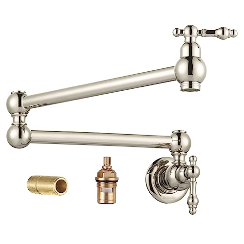 WOWOW Polished Nickel Pot Filler Faucet - Brass Pot Filler Wall Mount Kitchen Stove Faucet with Double Joint Swing Arms