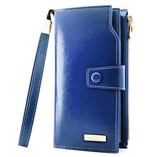 ANDOILT Women's RFID Blocking Large Capacity Luxury Wax Genuine Leather Clutch Wallet Card Holder Organizer Ladies Purse S2 blue