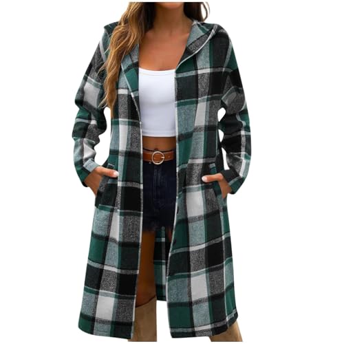 Womens Classic Plaid Fall Coatigan with Pockets Wool Blend Hooded Long Shacket Casual Button Up Outerwear Coats A01 Green XX-Large