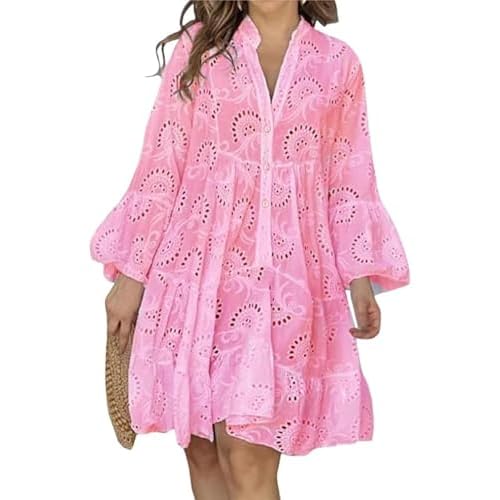Women Summer Eyelet Lace Midi Dress V Neck Bell Sleeve Flowy Babydoll Casual Beach Dress Pink Medium