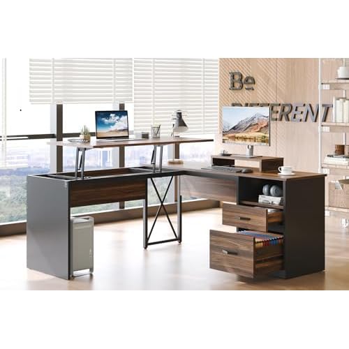 Bestier Lift Top L Shaped Desk with File Drawer, 55'' x 55'' Office Desk with Reversible Storage Drawers and Computer Monitor Stand (Walnut) 55'' x 55