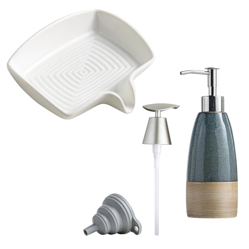 Ceramic Shower Soap Dish with Waterfall Design & Soap Dispenser Set for Shower, Ceramic Refillable Soap Bottle for Shampoo