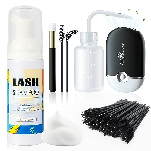 Buqikma Lash Shampoo for Lash Extensions, Mini Lash Fan 2.11Floz Rich Foam Eyelash Shampoo 50 Pcs Eyelash Brush and Rinse Bottle for Eyelash Wash Remo