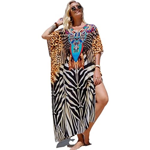 Swimsuit Cover Up Caftan Women's Vneck Flower Leopard Print Batwing Sleeve Side Split Kaftan Dresses D-print3 Multicolor