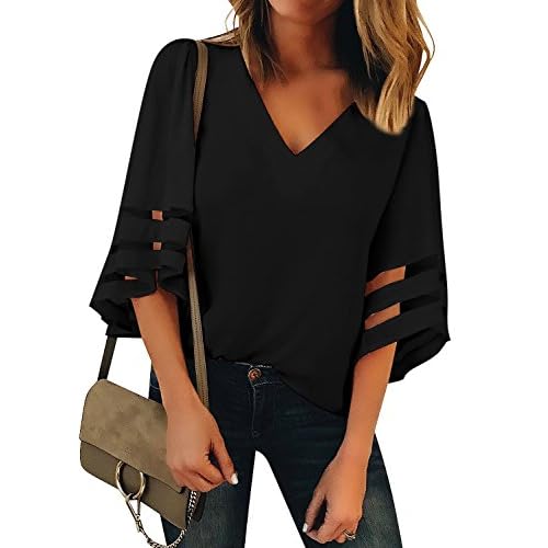 luvamia Women's Casual V Neck Blouse 3-4 Bell Sleeve Mesh Panel Shirts Loose Top X-Large A Classic Black