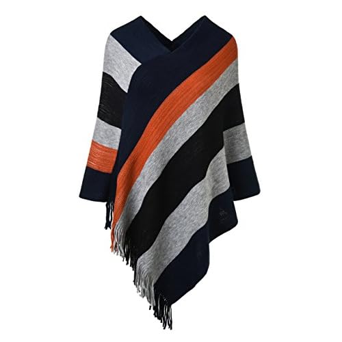 Ferand Women's Striped Poncho Sweater Cozy Knit Fringe Shawl Wraps for Fall Winter Navy Blue & Black