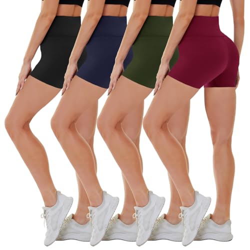 CAMPSNAIL 4 Pack Biker Shorts for Women High Waist - 5"-8" Tummy Control Soft Athletic Yoga Workout Running Gym Shorts 5 IN Small-Medium Black-Navy Bl