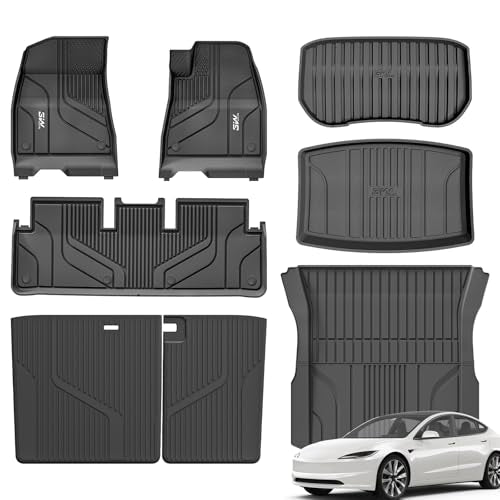 3W Floor Mats & Boot Liners & Seats Back Cover Fit for Tesla Model 3 2024 2025 Highland, TPE All Weather Full Set Car liners and Cargo Mats, Dog Frien