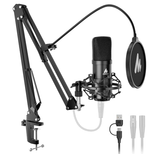 MAONO XLR-USB Condenser Microphone: 192kHz-24Bit Plug & Play PC Computer Podcast Cardioid Metal Mic Kit with Software, Professional Sound Chipset for
