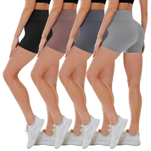 CAMPSNAIL 4 Pack Biker Shorts for Women High Waist - 5"-8" Tummy Control Soft Athletic Yoga Workout Running Gym Shorts 5 IN Small-Medium Black-Complex
