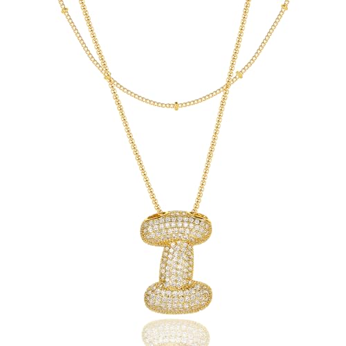 Bubble Letter Necklace Gold for Women，Layered Plated Initial Pendant Puffy Zircon Name Personalized Necklaces Fashion Jewelry for Gifts Letter I