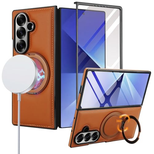 for Samsung Galaxy Z Fold 7 Case with Magnetic Ring Holder, 360 Rotating Bracket, Built-in Front Screen Protector, Slim Anti-Drop Shockproof Case.(Bro
