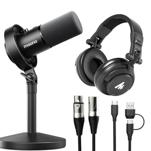 MAONO USB XLR Dynamic Microphone Studio Headphone Bundle,for Studio Recording Streaming Content Creation(PD00XT+MH601+XLR-180)
