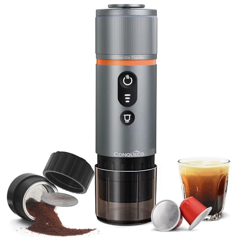 CONQUECO Portable Espresso Machine Travel: 8 cups 12V Electric Coffee Maker with Battery for Camping - 2.5 Mins Self Heating - With Ground Coffee & NS
