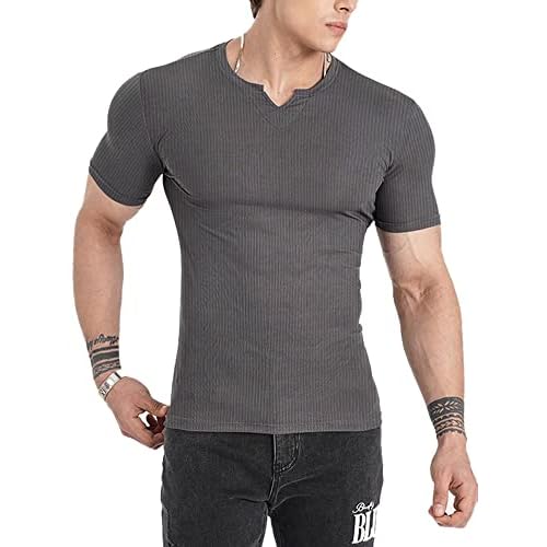 Muscle Cmdr Men's Henley Long&Short Sleeve T-Shirt Slim Fit V Neck Shirts Stretch Tee Casual Underwear Athletic Medium Weight Small 1-grey-short