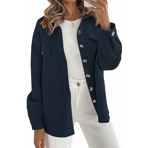 Women's Casual Shacket Jacket, Long Sleeve Loose Oversized Button Down Coat for Fall Winter Office Daily Outerwear Navy Small