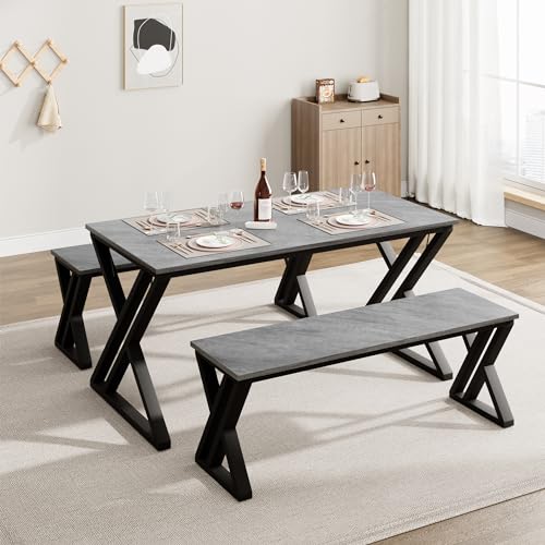 Garvee Kitchen Table Set for 4 with Benches + X-Shaped Metal Frame + Space-Saving Design + MDF Tabletop + Rust-Resistant + Gray, 44.8" + Ideal for Sma
