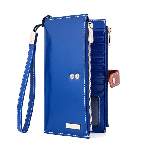ANDOILT Women's Genuine Leather Wallet RFID Blocking Credit Card Holder Zipper Purse Cell Phone Handbag One Size B_blue
