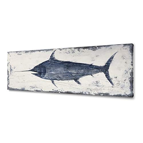 Yihui Arts Indigo Blue Swordfish Canvas Wall Art Painting Pictures for Living Room Bedroom Bathroom Decor 48"L x 16"W Sword Fish