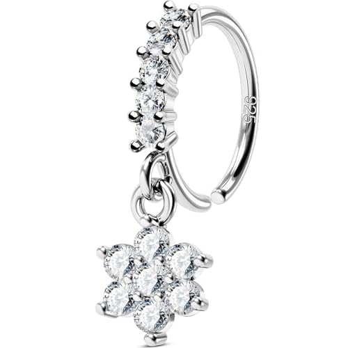 OUFER 925 Sterling Silver Dangle Nose Rings Hoops for Women, Crystal Flower 20G Nostril Nose Piercing Jewelry, Seamless Open Cartilage Helix Earrings-