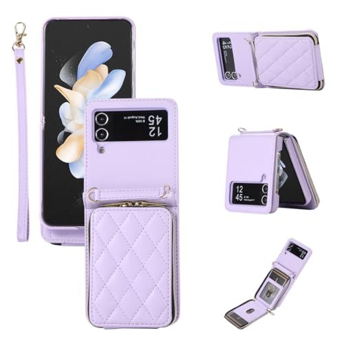 for Samsung Galaxy Z Flip 3 Zipper Wallet Case with Card Holder, 4 Card Slots Large Capacity and Multiple Style Lanyards.(Purple) Purple Samsung Galax