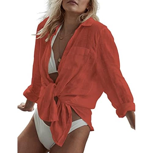 Bsubseach Women Long Sleeve Beach Shirt Blouses Bathing Suit Cover Up Button Down Collar G-rust