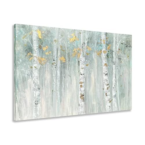 Yihui Arts Birch Tree Canvas Wall Art with Gold Foil - Abstract Forest Paintings with Textured - Green Landscape Pictures for Living Room Bedroom Bath