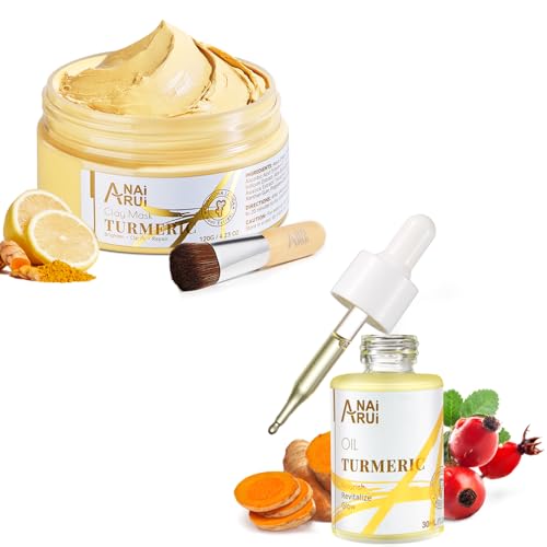 ANAI RUI Vitamin C Face Mask with Turmeric and Kaolin Clay & Turmeric Face Oil, Facial Oils & Serum with Turmeric, Turmeric Skincare Oil for Dry Skin