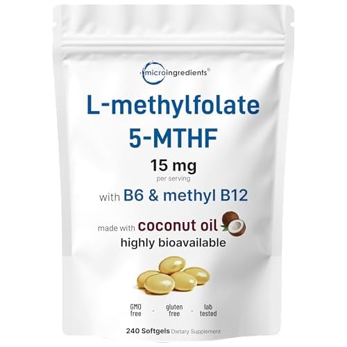 L Methylfolate 15mg with B6 Plus Methyl B12 | 240 Softgels with Coconut Oil | Highly Bioavailable 3-in-1 Methylated Multivitamin | Vitamin B Complex +