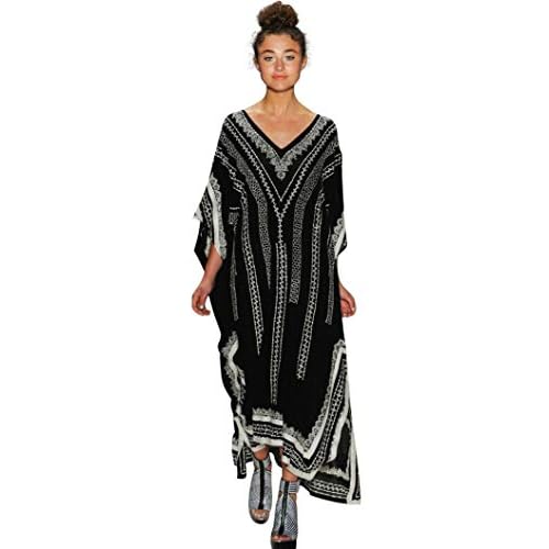 Women's Embroidery Swimsuit Cover Ups Beach Cover Up Caftan Plus Size Vneck Rainbow Ethnic Print Kaftan Batwing X-Large A-black&white