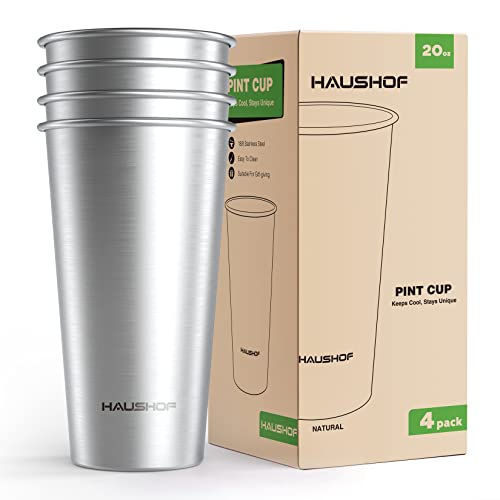 HAUSHOF Pint Cup, 20 oz Stainless Steel Cups, Stackable Metal Drinking Cups, Stacking Beer Pint Cups for Home, Party, Camping, Outdoor, Unbreakable, 4