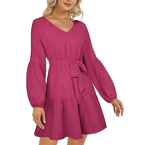 ROYLAMP Women's Tunic Dresses Long Sleeve V Neck Plaid Tie Waist Ruffle Swing Shift Casual Mini Dress with Pocket Medium Rose Red