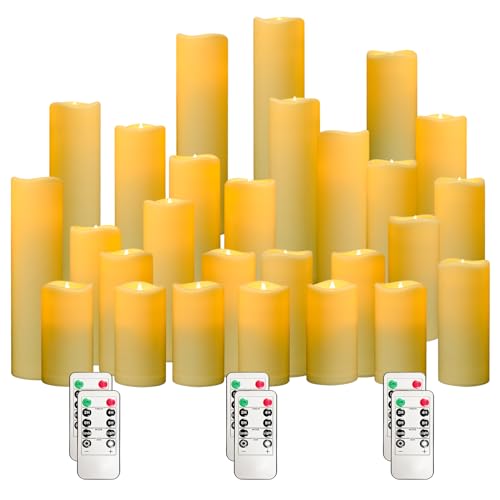 YIWER Plastic Waterproof Flameless Candles Set of 27: Battery Operated Candles Ivory Flickering Pillar Candles Include 4"-5"-6"-7"-8"-9" with 10-Key R