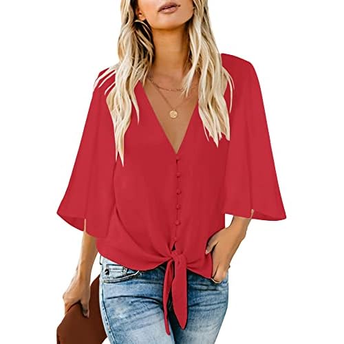 luvamia Women's Casual V Neck Tops 3-4 Sleeve Tie Knot Blouses Solid Button Down Shirts Medium Lychee Red