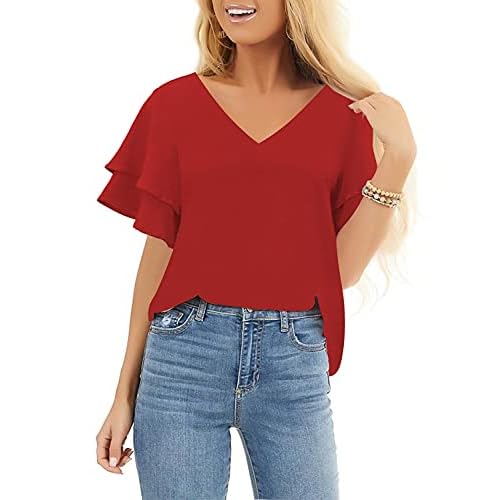 luvamia Women's Casual 3-4 Tiered Bell Sleeve Crewneck Loose Tops Blouses Shirt Large B True Red