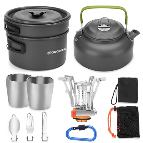 Odoland Camping Cooker Pan Set Aluminum Camping Cookware Kit for 2 People, Portable Outdoor Pot Pan Stove Kettle 2 Cups and Tableware - Backpacking Co