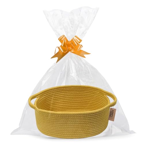 COMFY HOMI Small Woven Baskets with Handles, Gift Bags and Ribbons - Durable Cotton Rope Storage Organizer for Baby Basket, Dog Toy Basket Box, Gift B