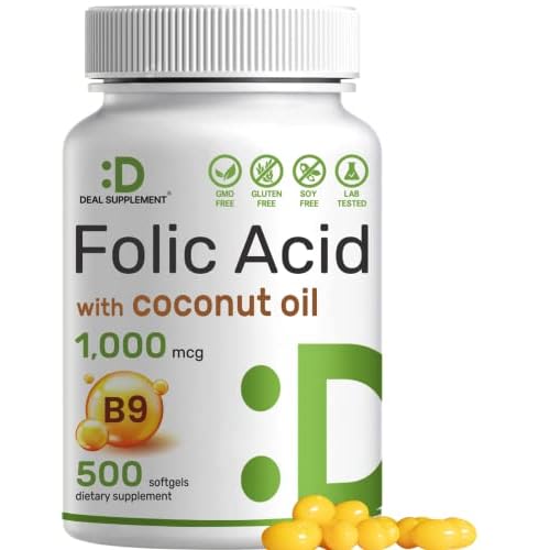 DEAL SUPPLEMENT Folic Acid 1000 mcg (1 mg), 500 Coconut Oil Softgels | Bioavailable Prenatal Vitamins (Vitamin B9) – 1,667 mcg DFE – Easy to Swall