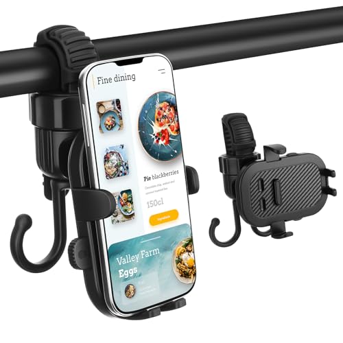2 in 1 Baby Stroller Cell Phone Holder 360 Degree Rotate Universal Clamp Pram Wheelchair Accessory Mount Bracket Bicycle Phone Stander with Double Hoo