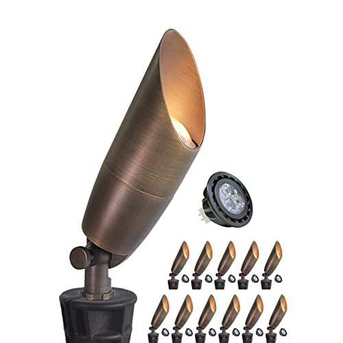 MALORY Solid Brass Landscape Spotlight 12-Pack with Bulb(S06), Low Voltage Front and Backyard Landscape Lighting with Large Rugged Slot Spike & Wire C